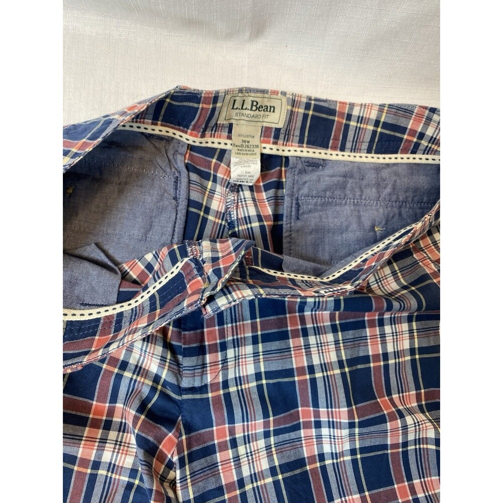 LL Bean Mens 36 Waist Standard Fit Plaid Cotton Chino Shorts Blue Red Madras - Picture 6 of 9